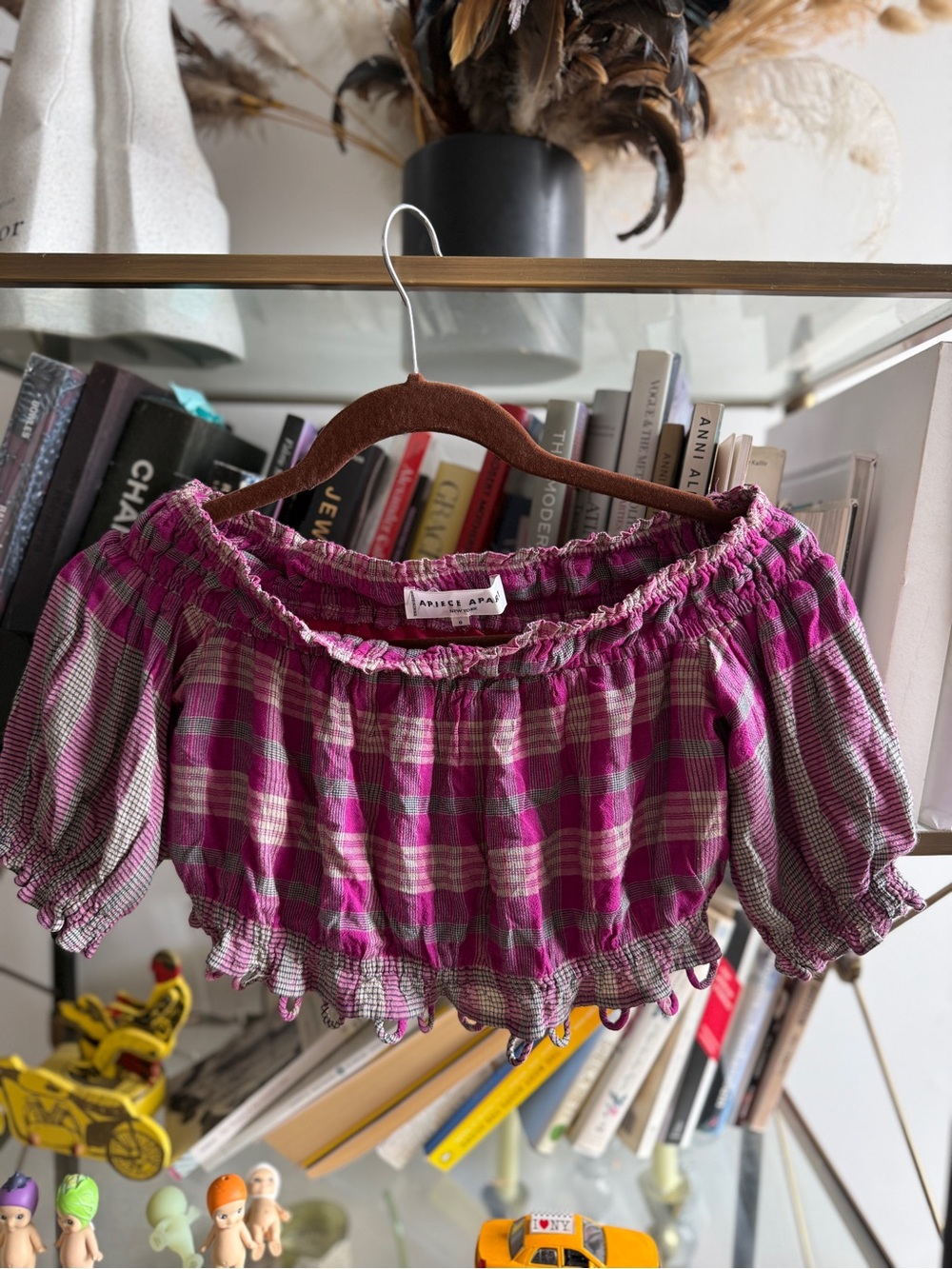 Apiece Apart Oeste Pink and Cream Plaid Off-Shoulder Top